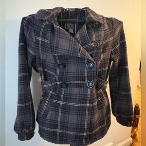 WINTER SALE ** BKE Women's Plaid Double-Breasted Pea Coat - Black and Brown